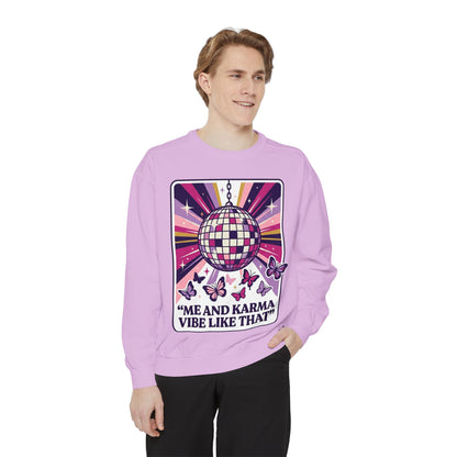 Disco Butterfly Sweatshirt — “Me and Karma Vibe Like That” Retro Graphic Crewneck